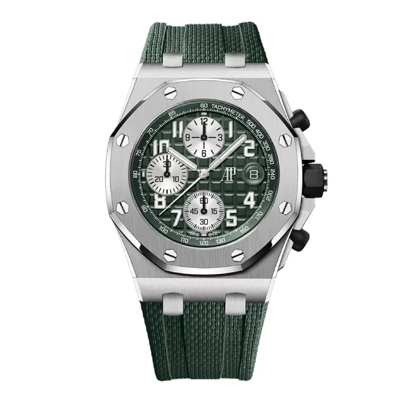اودمار پیگه رویال اوک آفشور Selfwinding Chronograph 42 تیتانیوم، صفحه خاکی Méga Tapisserie با سابدایال نقرهای و بند رابر خاکی | رفرنس 26238TI.OO.A056CA.01 — تصویر ۲