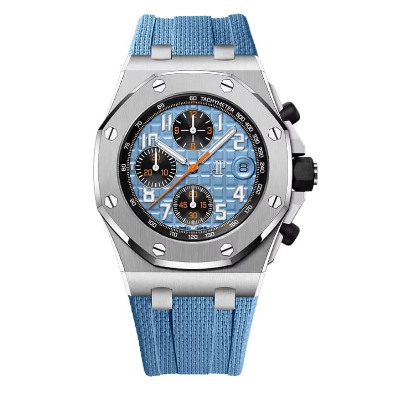 اودمار پیگه رویال اوک آفشور Selfwinding Chronograph 42 استیل، صفحه آبی Méga Tapisserie با سابدایال مشکی و بند رابر آبی | رفرنس 26238ST.OO.A340CA.01