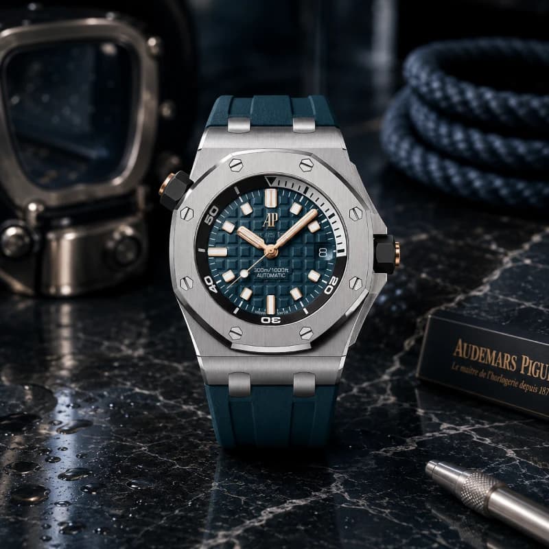 اودمار پیگه رویال اوک آفشور Diver 42 استیل، صفحه سبزآبی تیره با جزئیات رزگلد و بند رابر سبزآبی | رفرنس 15720ST.OO.A403CA.01 — تصویر ۹