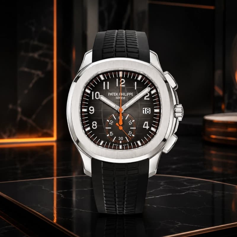 پتک فیلیپ آکوانات Chronograph 42.2 استیل، صفحه خاکستری آنتراسیت با جزئیات نارنجی و بند کامپوزیت مشکی | رفرنس 5968A-001 — تصویر ۶