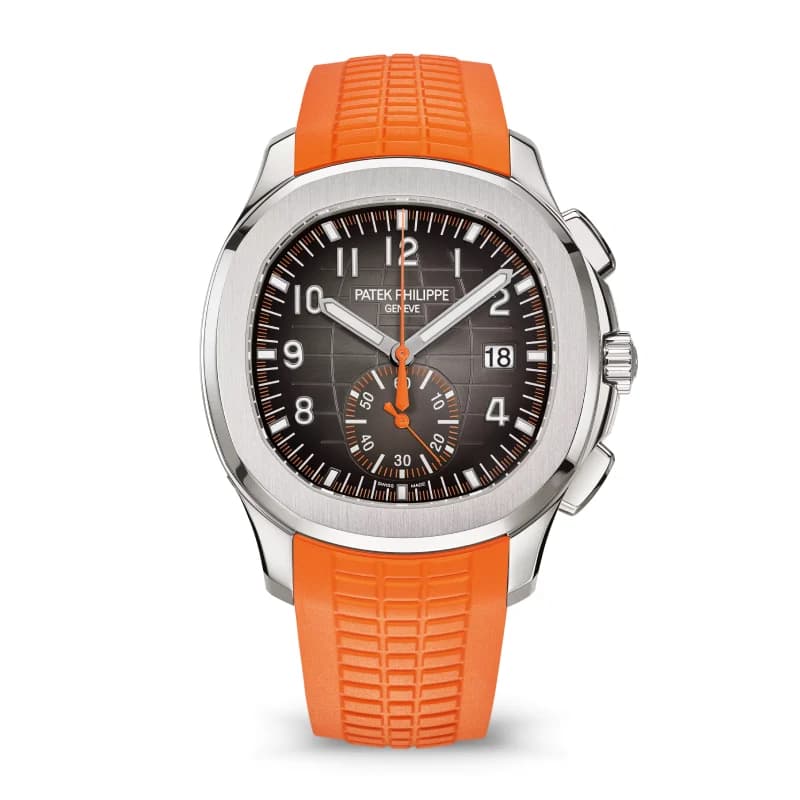 پتک فیلیپ آکوانات Chronograph 42.2 استیل، صفحه خاکستری آنتراسیت با جزئیات نارنجی و بند کامپوزیت نارنجی | رفرنس 5968A-001