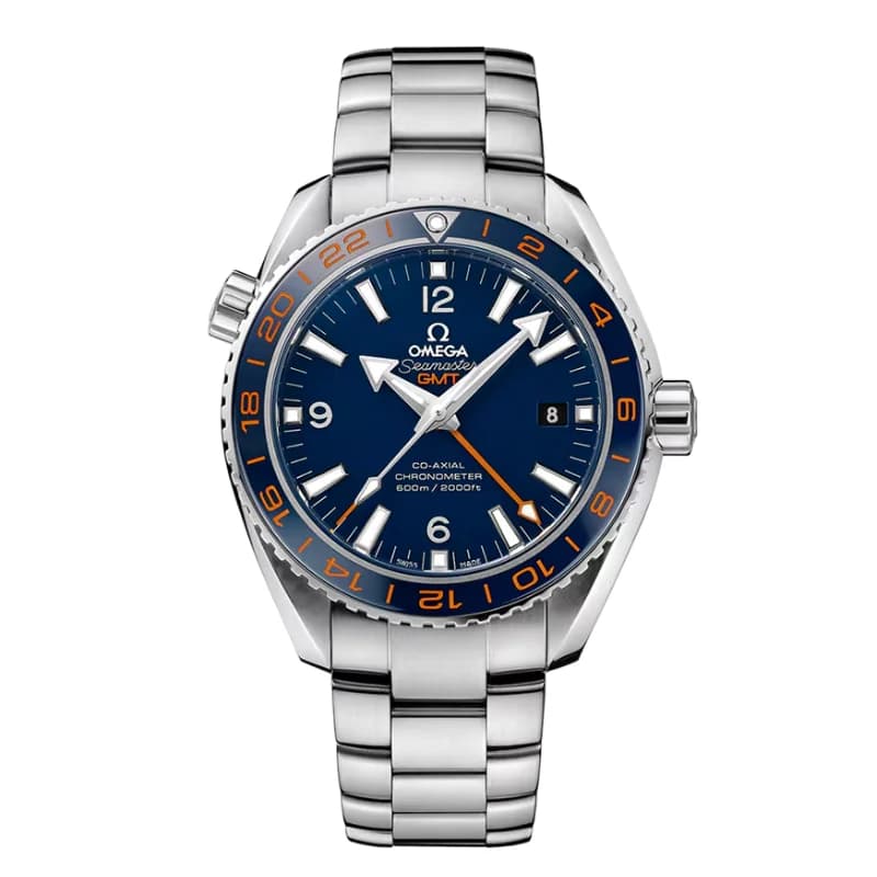 امگا سیمستر پلنت اوشن 600M GMT Co-Axial Master Chronometer، استیل، صفحه آبی، بزل سرامیکی آبی با جزئیات نارنجی و بند استیل | رفرنس 215.30.44.22.03.001