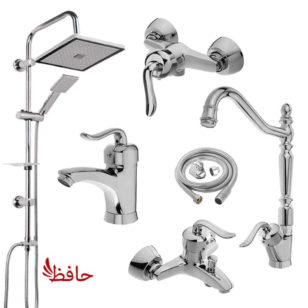 ست کامل شیرآلات قاجاری کروم با علم دوش دوکاره و شیلنگ توالت — تصویر ۲