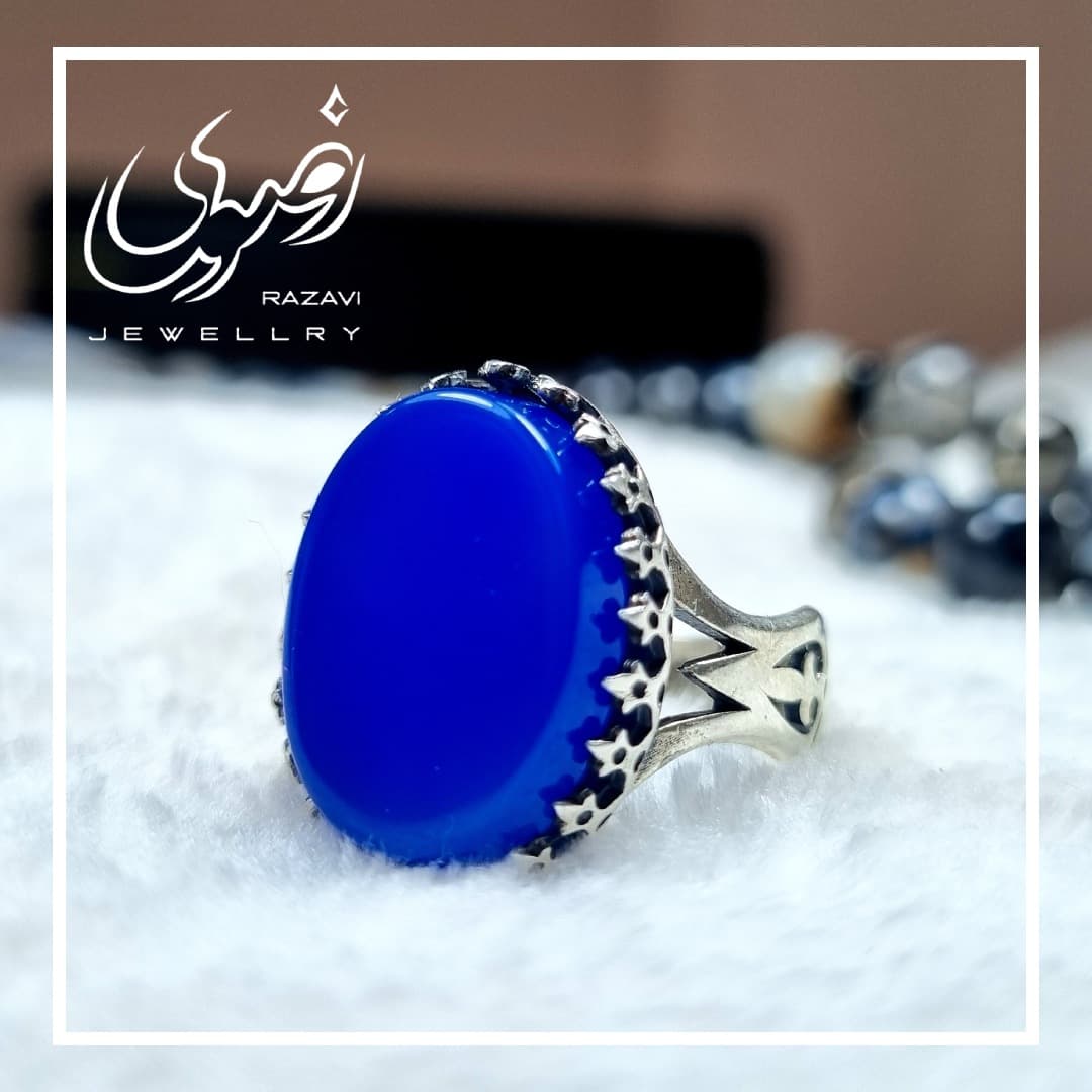 انگشتر الیاژ نقره روس مردانه عقیق آبی طرح ستار