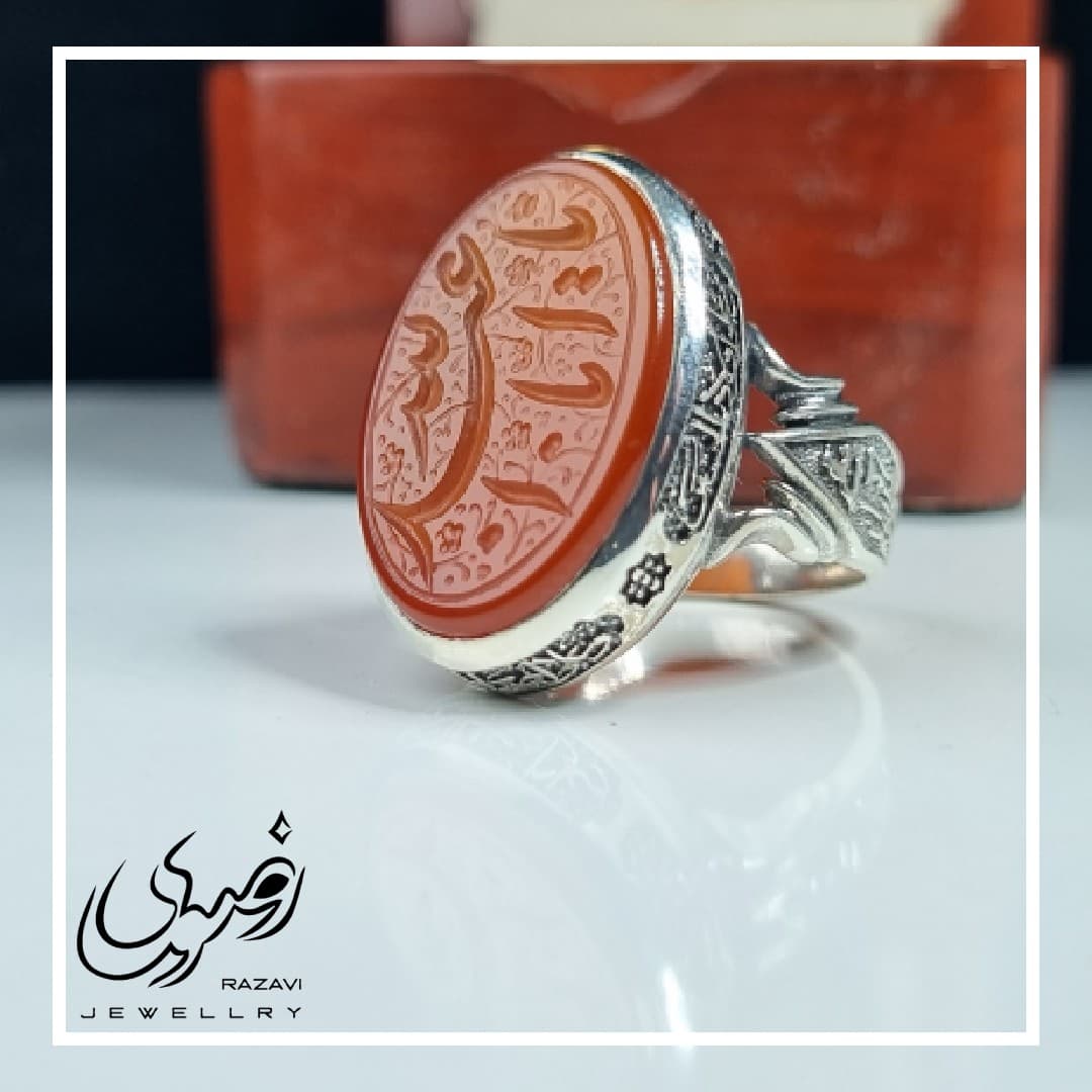 انگشتر نقره مردانه عقیق سرخ با حکاکی یا اباعبدالله (ع) — تصویر ۱۰