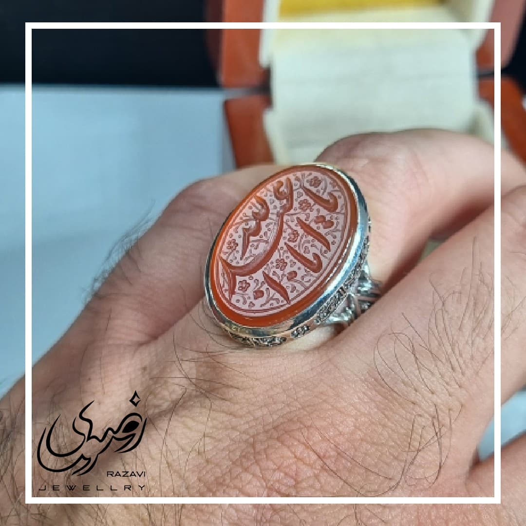 انگشتر نقره مردانه عقیق سرخ با حکاکی یا اباعبدالله (ع) — تصویر ۶