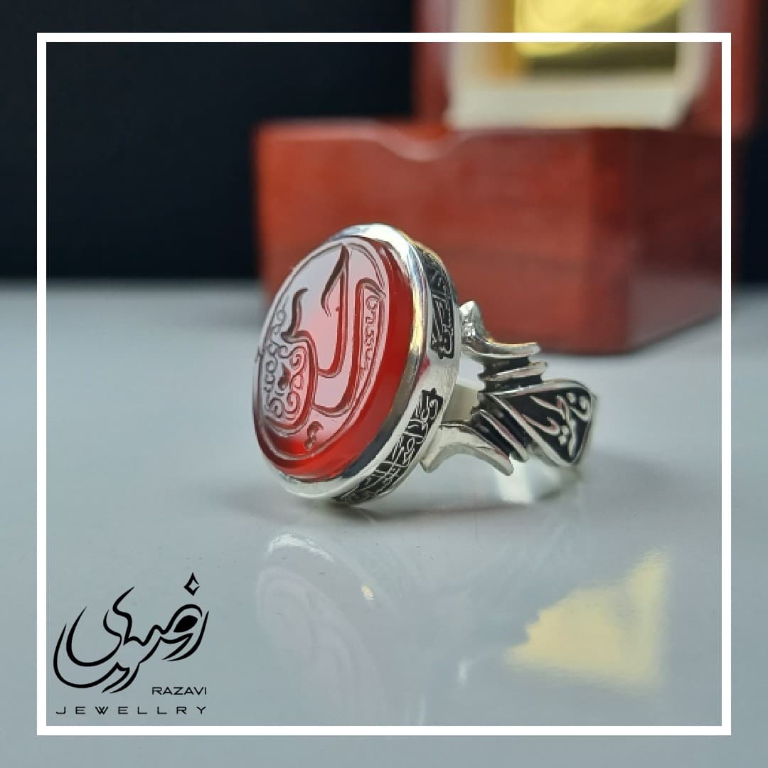 انگشتر نقره مردانه کار دست عقیق سرخ با حکاکی یا حسین
