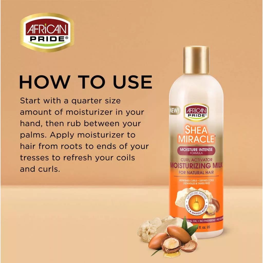 اکتیویتور فعال کننده فر مو آفریکن پراید African Pride حجم 355 میل Shea Miracle Curl Activator Moisturizing Milk اورجینال — تصویر ۵