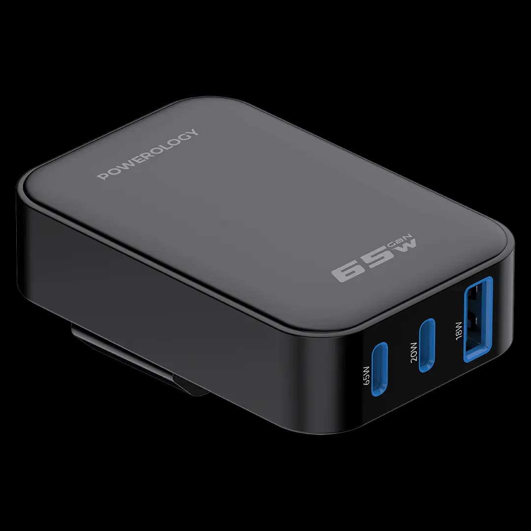 شارژر تاشو 65 وات 3 پورت مدل Crab پاورولوژی(PWCUQC068BK)Powerology Crab Foldable EU GaN Charger – Black
