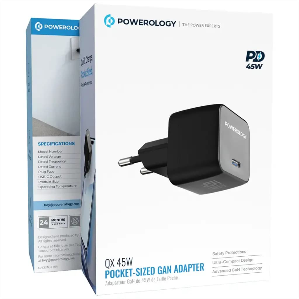 شارژر 45 واتی مدل QX پاورولوژی(PWCUQC056BK)Powerology QX 45W Pocket-Sized GaN Adapter – Black — تصویر ۲