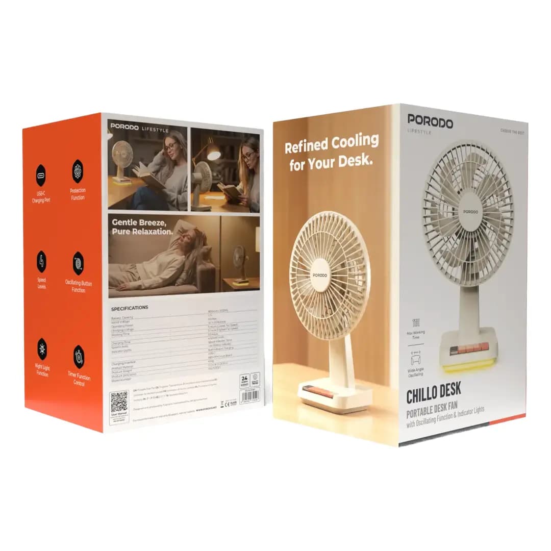 پنکه رومیزی شارژی قابل حمل Chillo Desk پرودو(PDLFSTDF1BG)Porodo Lifestyle Chillo Portable Desk Fan with Oscillating Function & Indicator Lights – Beige — تصویر ۲