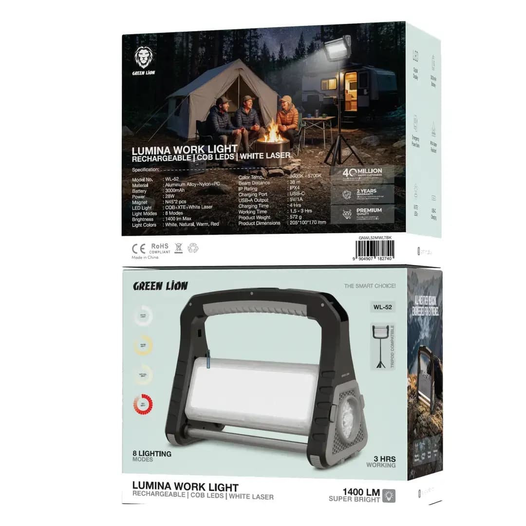 چراغ کار شارژی قابل حمل 1400 لومن Lumina گرین لاین(GNWL52MWLTBK)Green Lion Lumina Rechargeable Work Light – Black — تصویر ۲