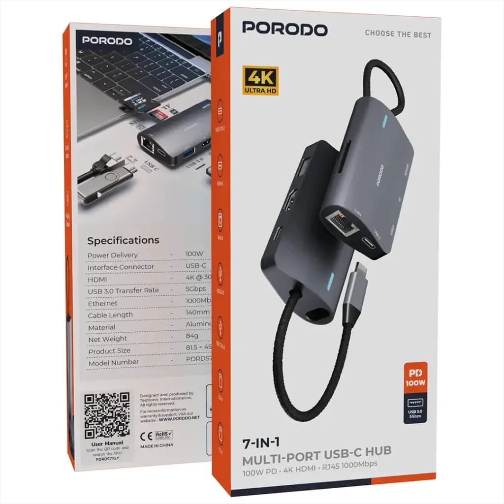 هاب 7 پورت USB-C پرودو(PDRDS71GY)Porodo 7-IN-1 Multi Port USB-C Hub – Gray — تصویر ۵