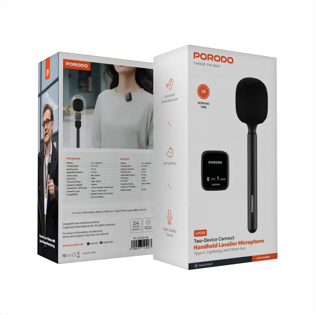میکرفون دو کاره یقه ای و دستی پرودو(PD-LFST133)Porodo Two-Device Connect Handheld Lavalier Microphone – Black — تصویر ۲