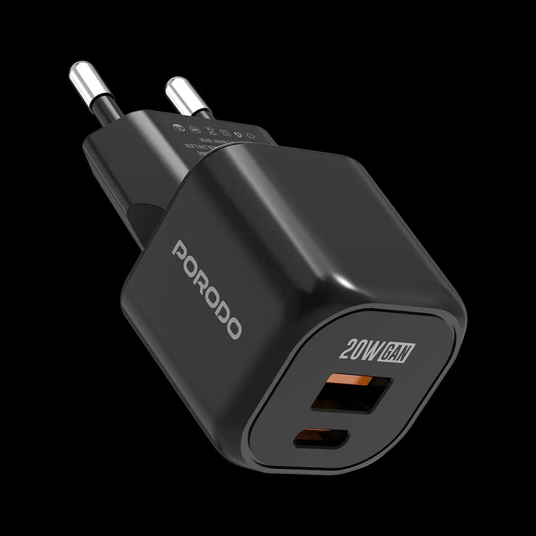 شارژر دیواری 20 وات پرودو(PDFWCH060BK)Porodo Dual Port GaN Wall Charger – Black