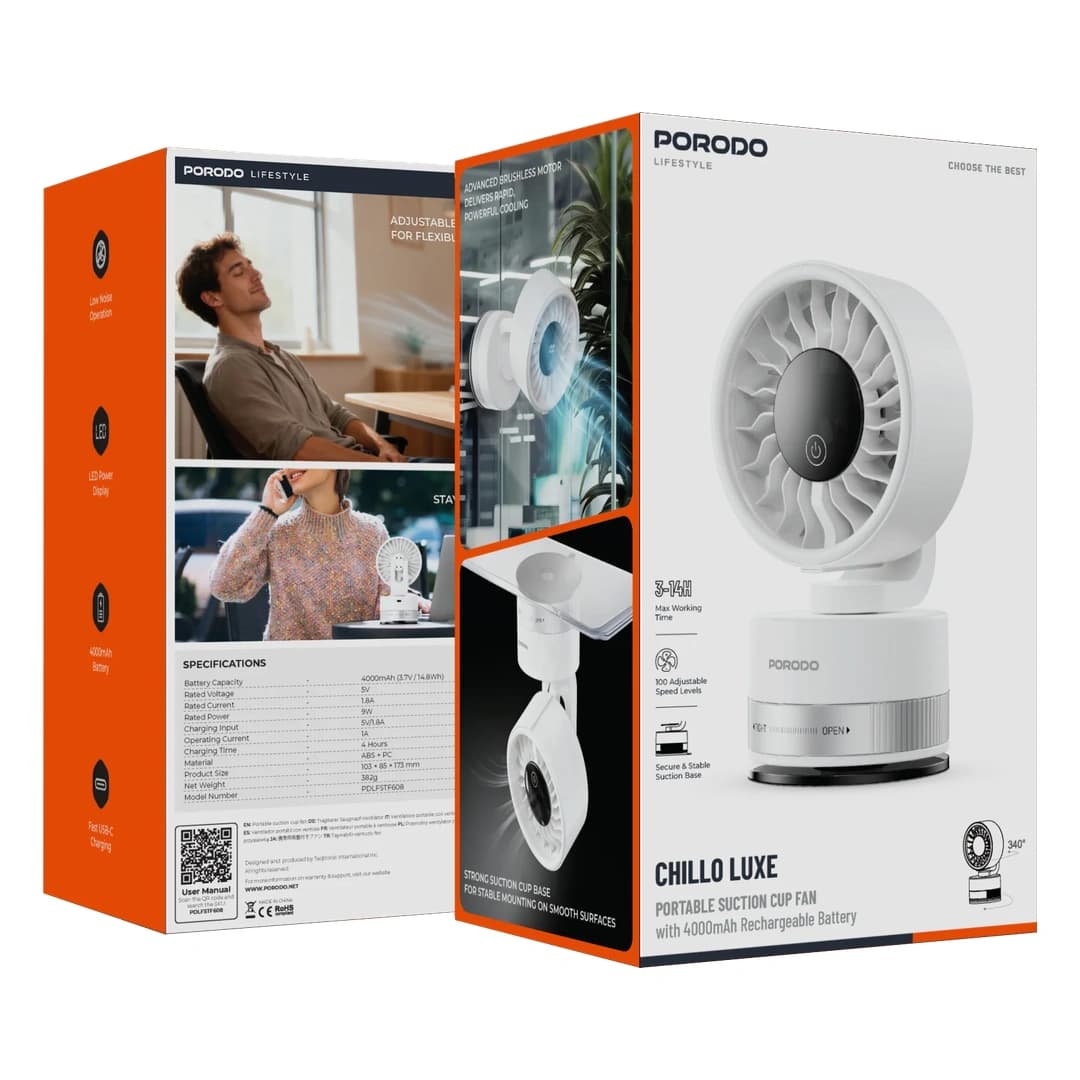 پنکه شارژی قابل حمل Chillo Luxe پرودو(PDLFSTF608WH)Porodo Chillo Luxe Portable Suction Cup Fan with 4000mAh Rechargeable Battery — تصویر ۴