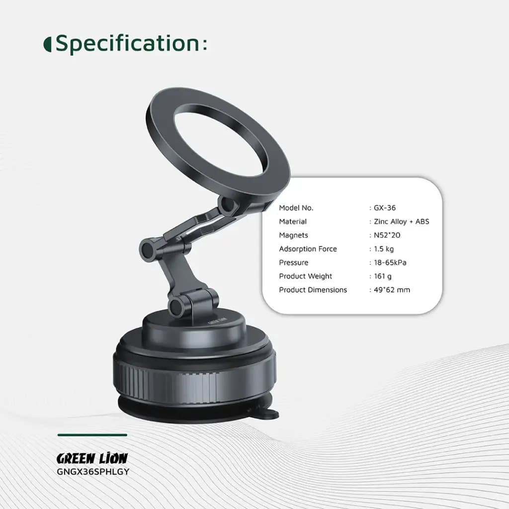 هولدر مگسیف مکشی خودرو GX-36 گرین لاین(GNGX36SPHL)Green Lion GX-36 Suction Phone Holder – Gray — تصویر ۱۰