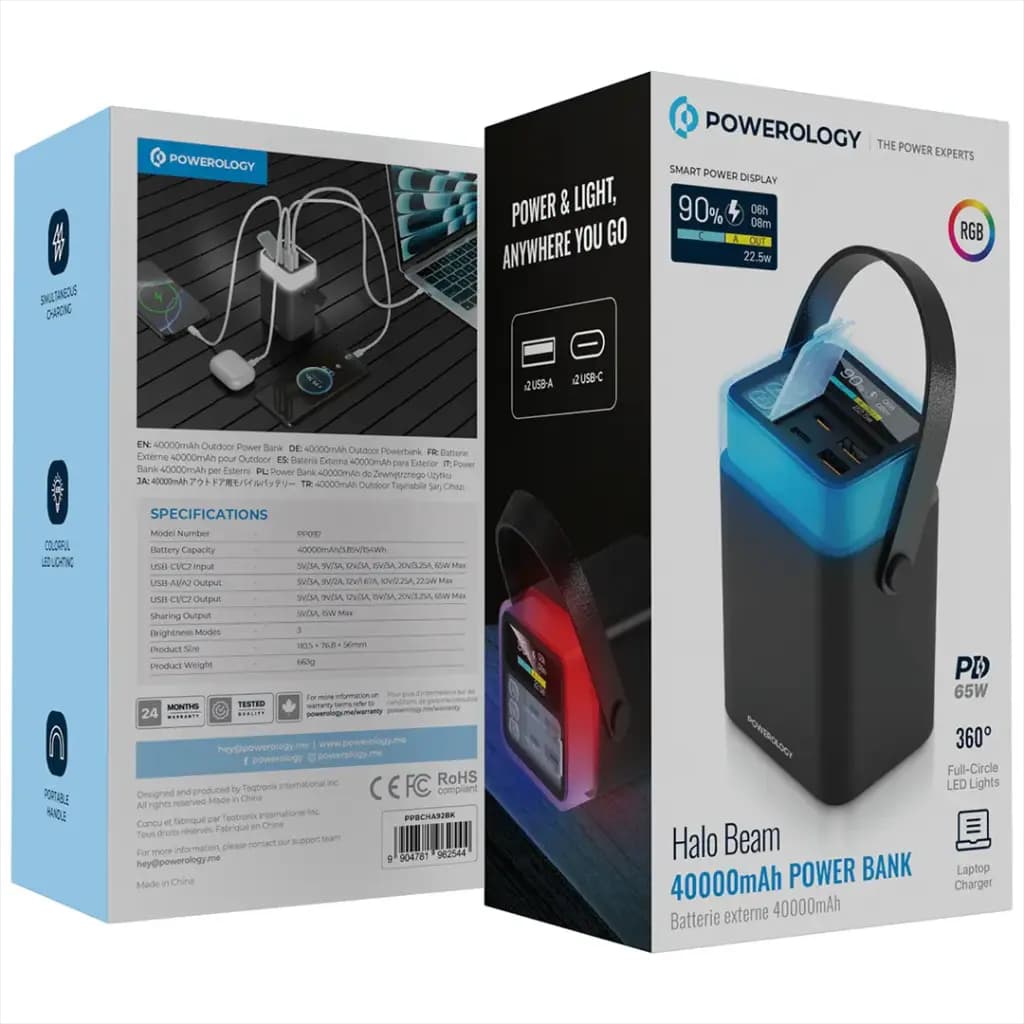 پاوربانک 40 هزار 65 وات Halo Beam پاورولوژی (PPBCHA92)Powerology Halo Beam 40000mAh Power Bank PD 65W – Black — تصویر ۱۱