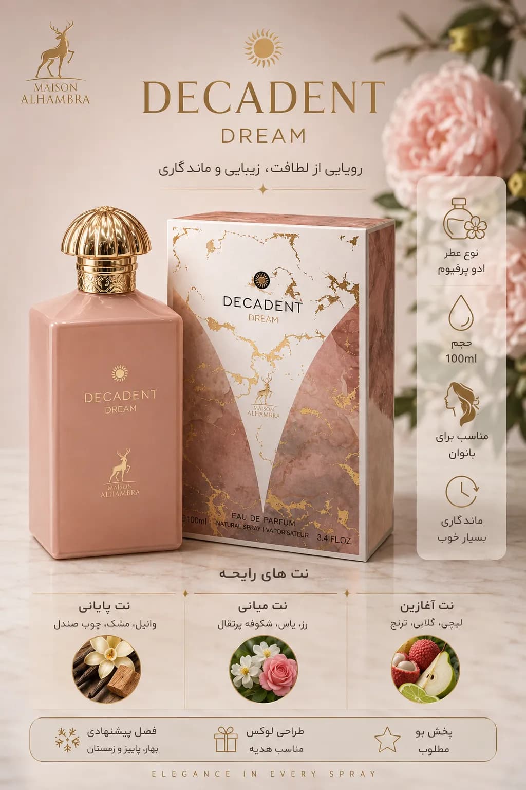 عطر ادکلن زنانه دکادنت دریم الحمبرا 100 میل با رایحه مشابه آمواج گایدنس — تصویر ۳