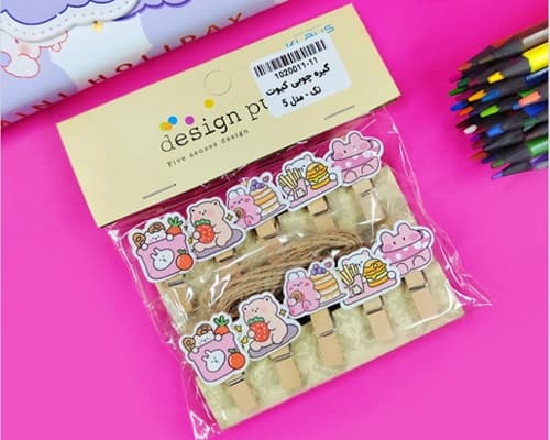 گیره چوبی فانتزی (بسته 10 عددی+بندکناف)