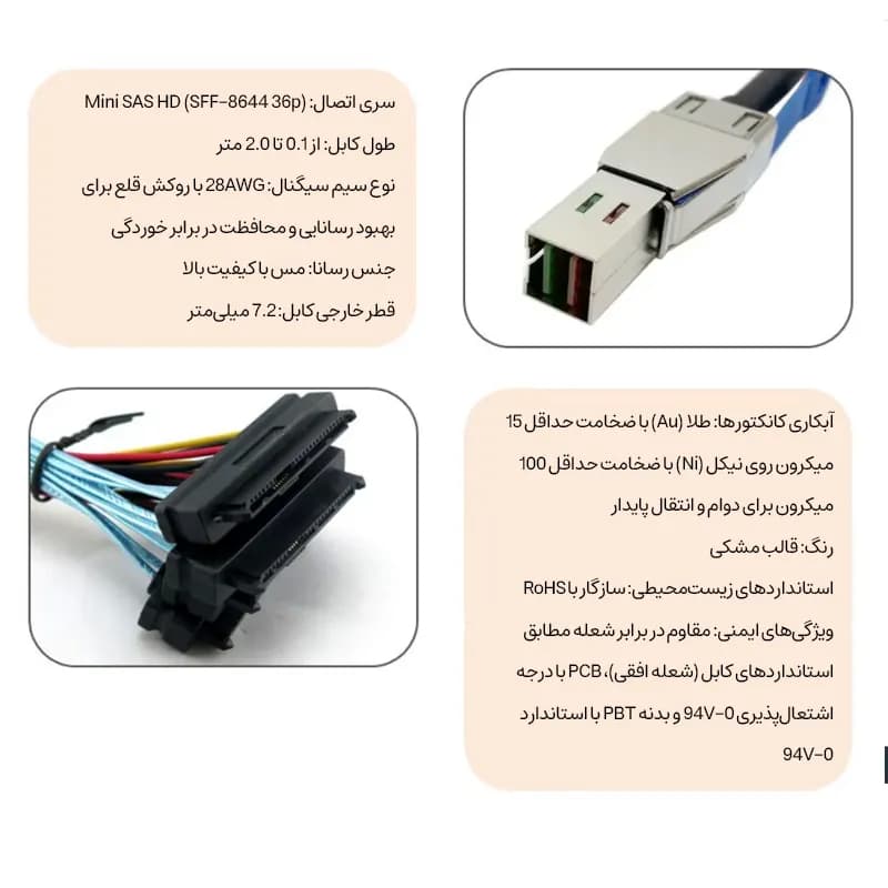 کابل تبدیل Mini SAS SFF-8644 به چهار SFF-8482 با کابل برق SATA مدل SM242 طول 2 متر — تصویر ۵