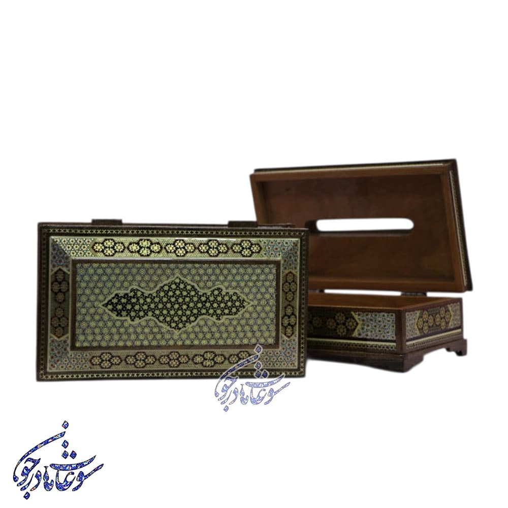 ست جعبه دستمال کاغذی و کارد و چنگال خاتم کاری اعلا مدل صلیبی — تصویر ۵