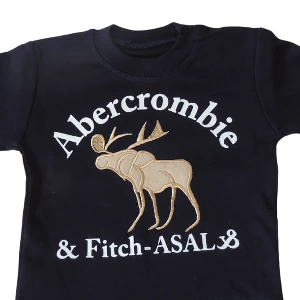 ست پیراهن و شلوار شیک پسرانه بچگانه سورمه ای طرح abercrombie سایز 35و40 — تصویر ۱۱
