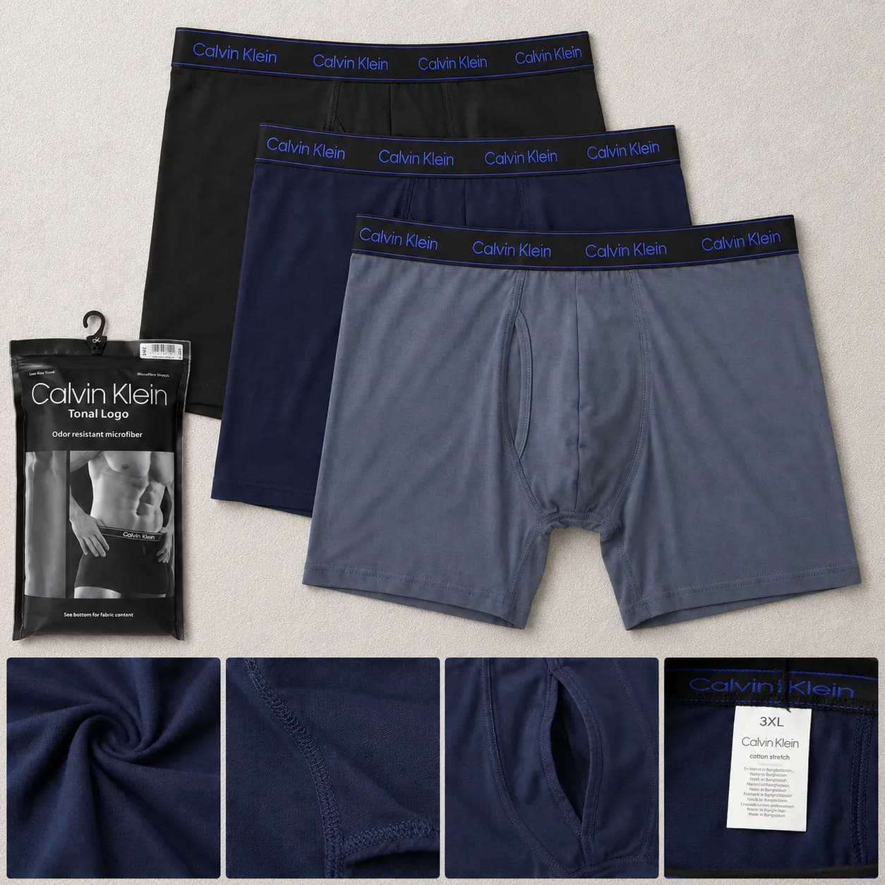 پک ۳ عددی شورت مردانه Calvin Klein مدل پادار (باکسر) | سایز XL تا 3XL — تصویر ۷