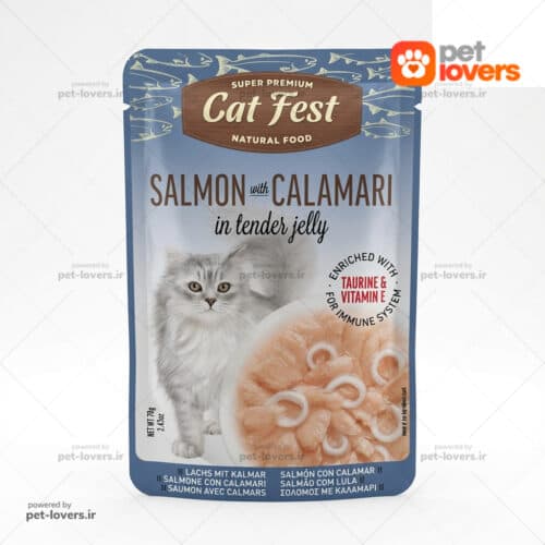 پوچ گربه با طعم سالمون و ماهی مرکب در ژله کت فست Cat Fest وزن 70 گرم
