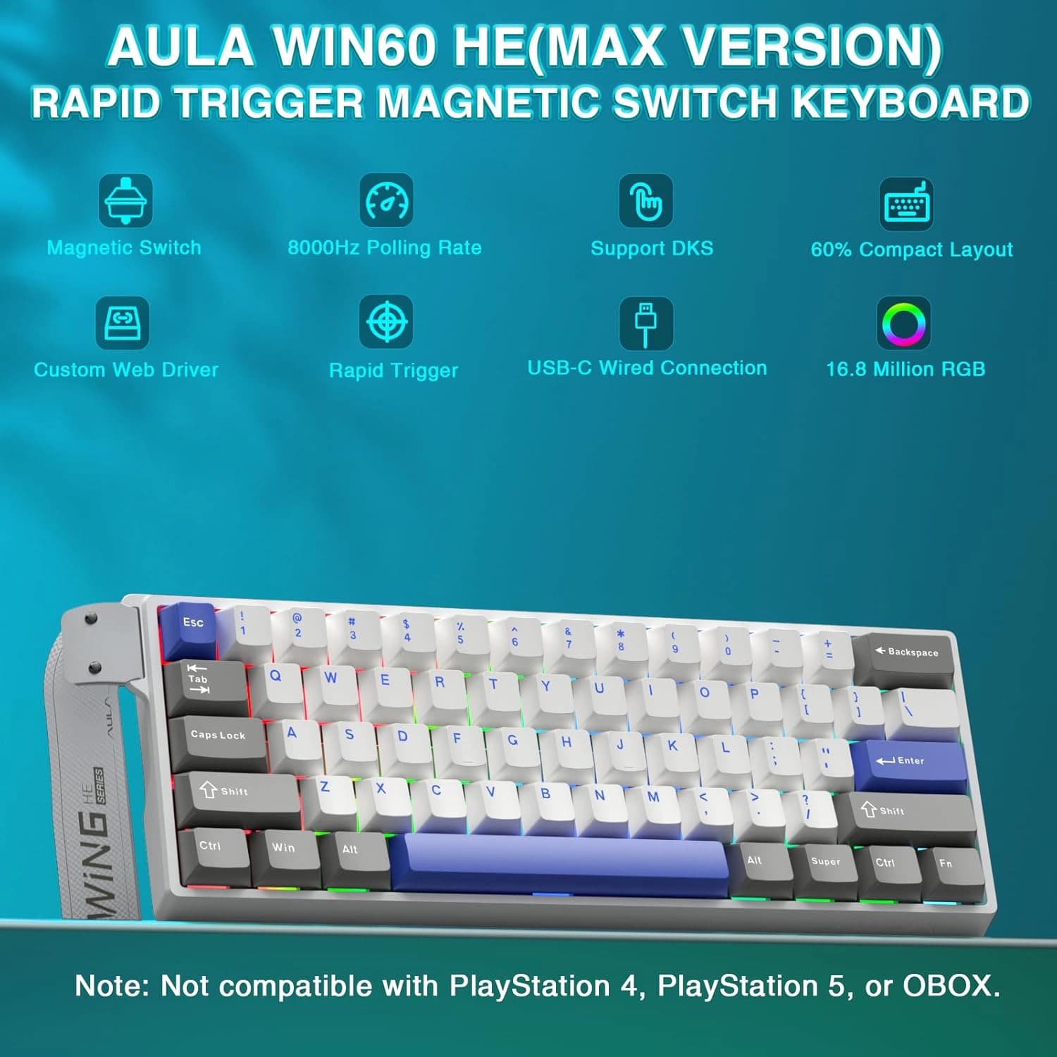 کیبورد سیم دار گیمینگ AULA WIN 60 HE MAX GREY+WHITE+BLUE WING CHUN MAGNETIC SWITCH — تصویر ۱۰