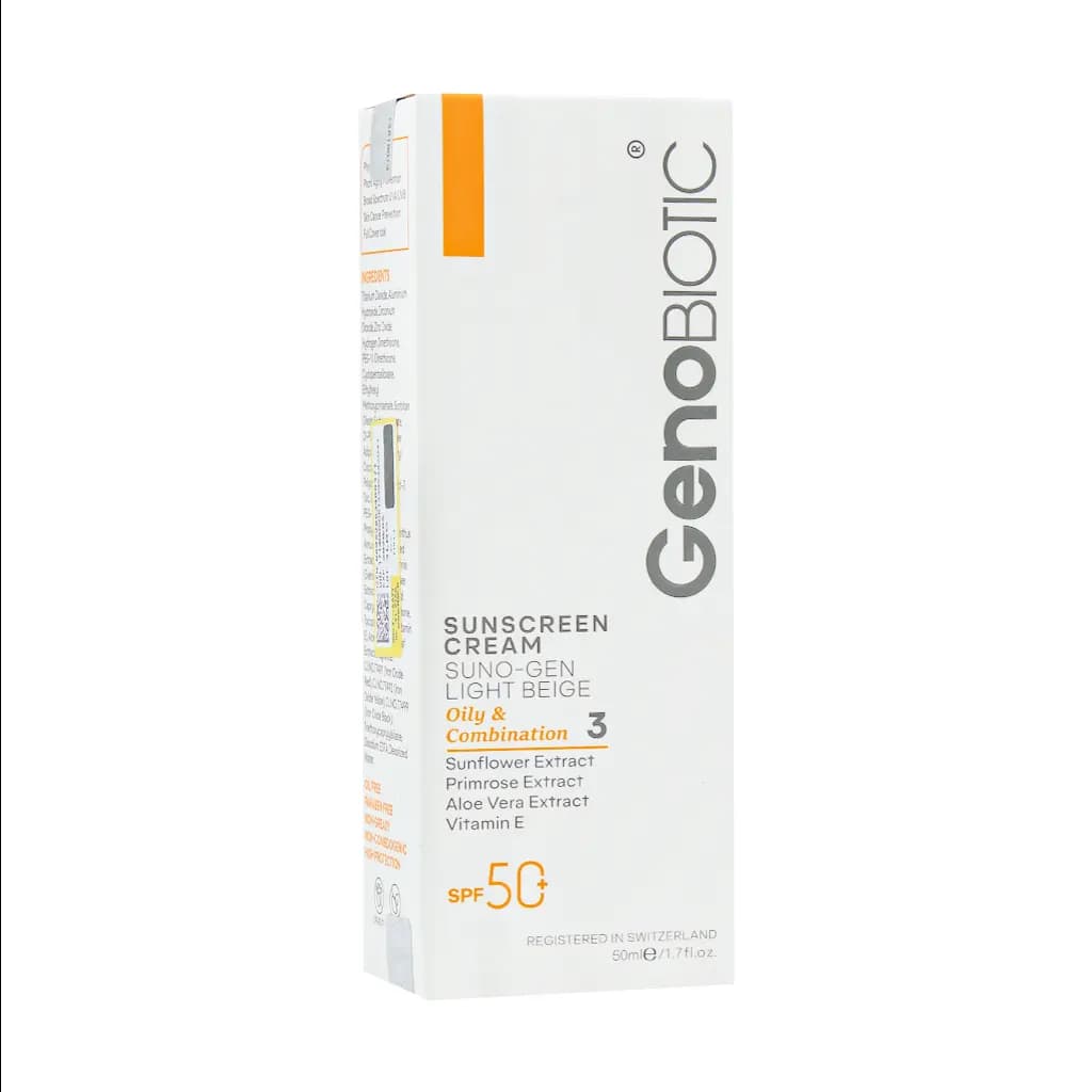 کرم ضد آفتاب SPF50 مناسب پوستهای چرب و مختلط (بژ روشن) ژنوبایوتیک | 50 میلی لیتر