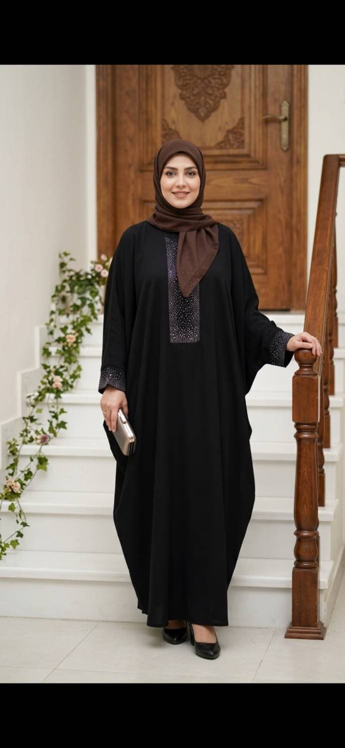 مانتو عبایی زنانه کرپ ندا جت بلک مشکی فری سایز تا 54 آستین کیمونو — تصویر ۶