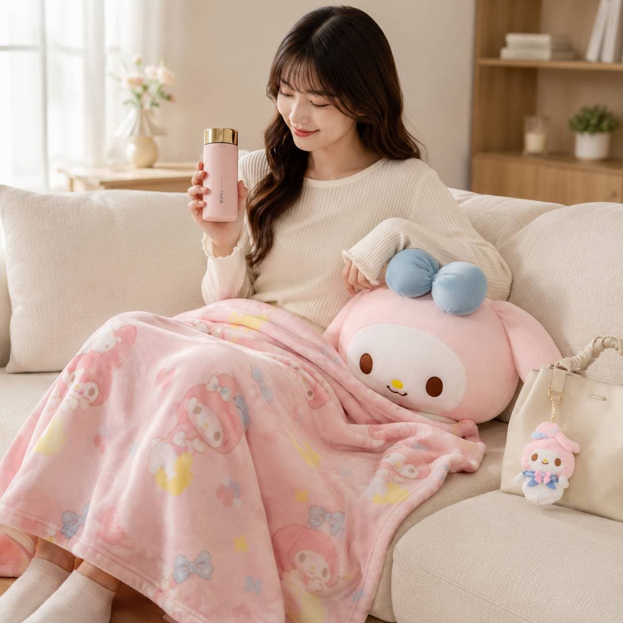 ست پتو بالشتی ملودی، تراولماگ و آویز کیف 🎀☕ | Melody Pillow Blanket, Travel Mug & Bag Charm Set — تصویر ۴