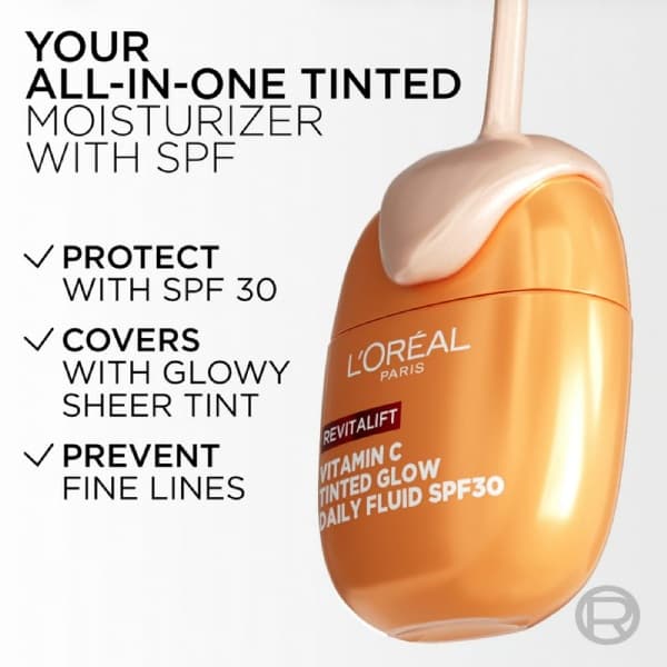فلوئید ضد آفتاب رنگی ویتامین C لورآل مدل Revitalift Vitamin C Tinted Glow Daily Fluid SPF 30 — تصویر ۳