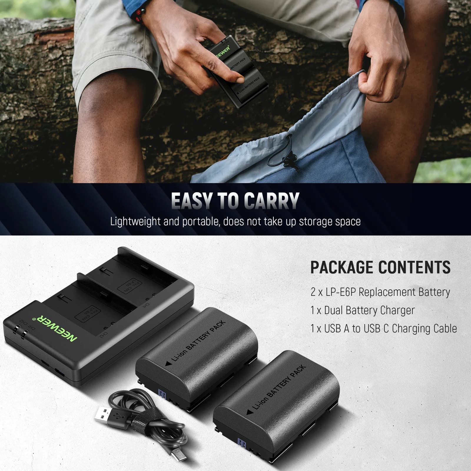 پک باتری دوربین کانن نیور LP-E6P با شارژر دوگانه | NEEWER LP-E6P Battery Kit — تصویر ۳