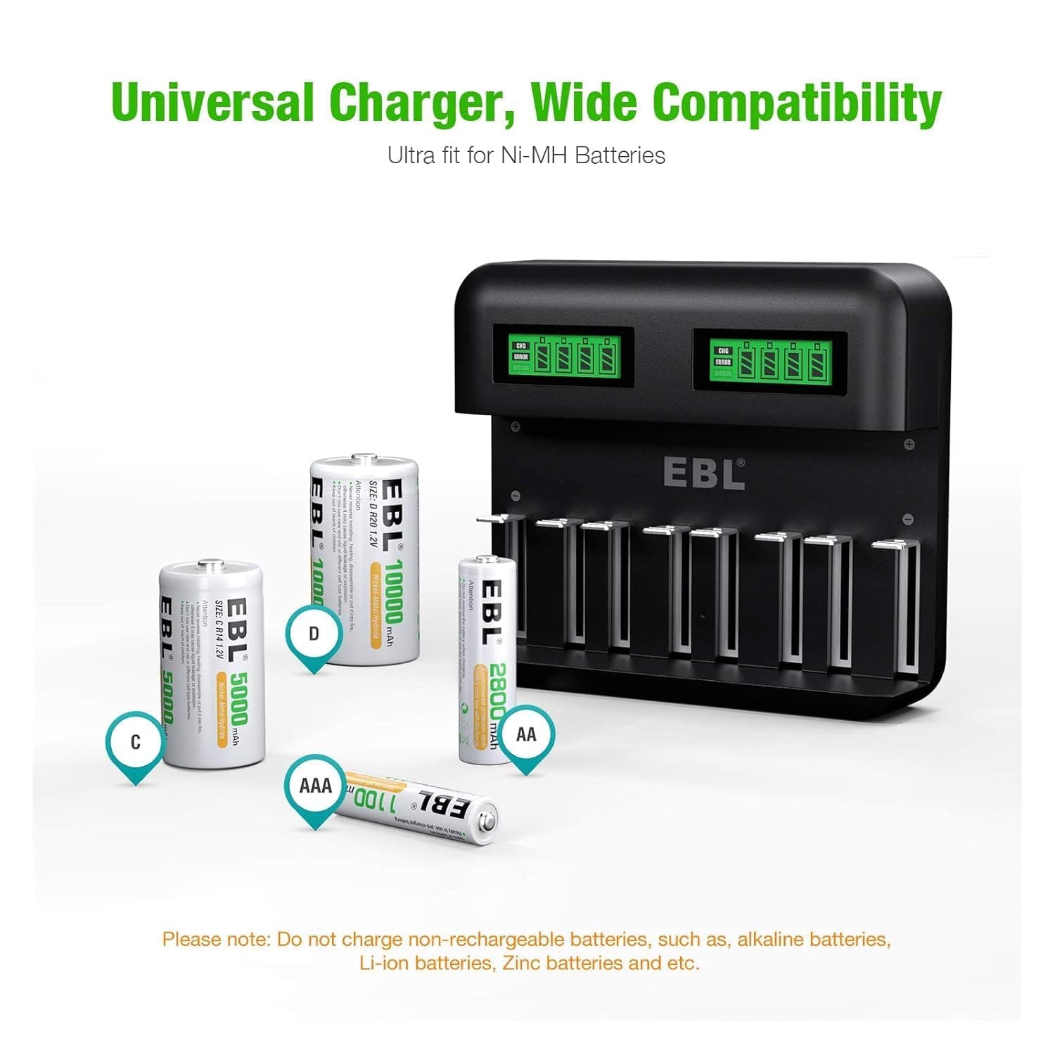 شارژر باتری همه کاره با نمایشگر LCD Universal Battery Charger برند EBL — تصویر ۳