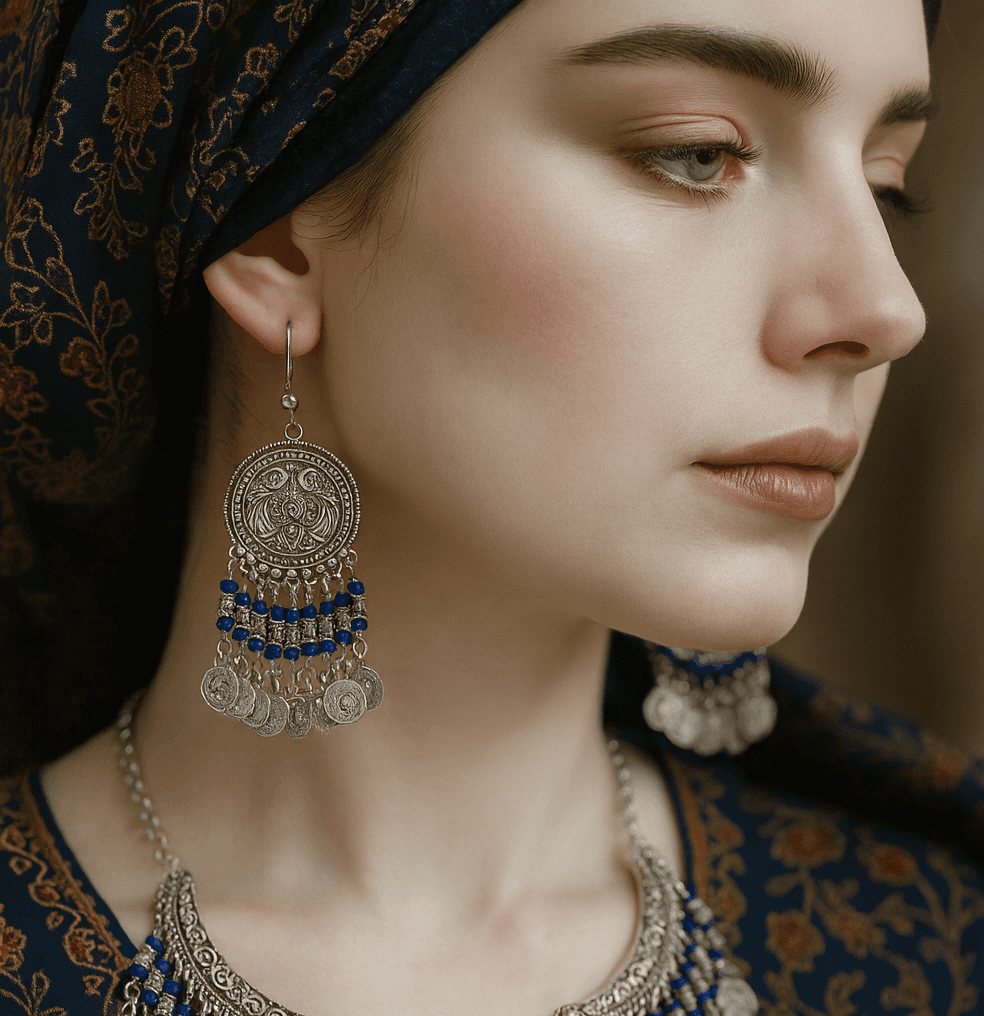 گوشواره سنتی دستساز با مهره کریستالی رنگی — تصویر ۳