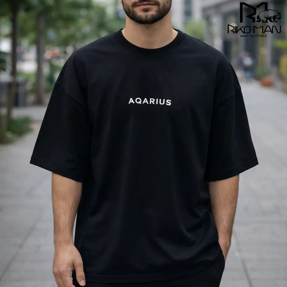 تیشرت مردانه یقه گرد AQARIUS پارچه ماکان پنبه رنگ مشکی برند ریکومن کد ۵۵۷۳۳۸