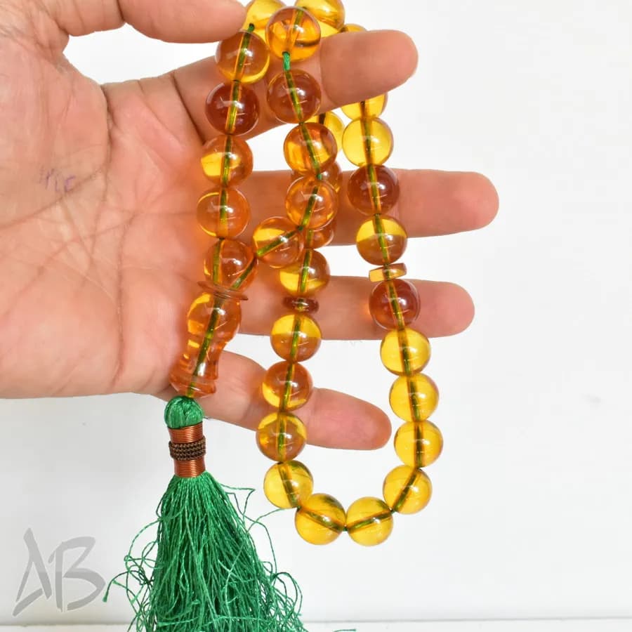 تسبیح سندلوس 33 دانه اصل بودار گرد زرد عسلی زیبا سایز 14 کد 1262 آقابزرگ — تصویر ۱۱