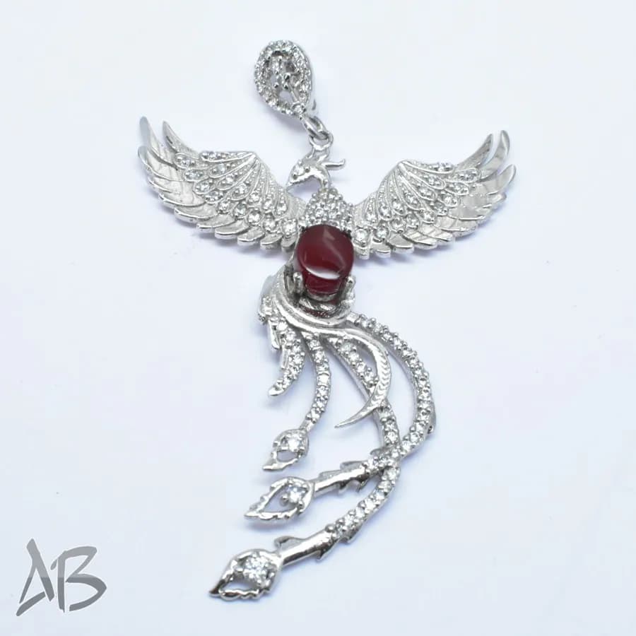 گردنبند نقره (مدالی) اصل جدید نگین عقیق یمنی طرح سیمرغ کد Med130 — تصویر ۹