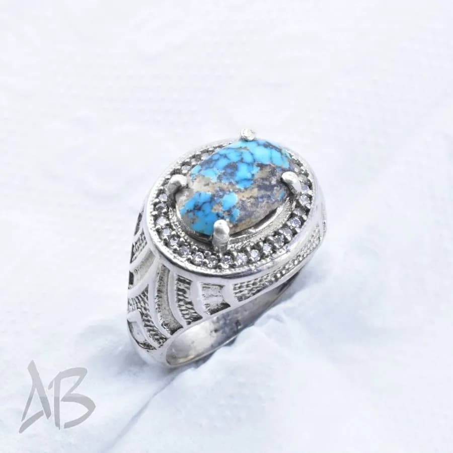 انگشتر مردانه نقره 925 با نگین فیروزه نیشابور اصل کد M219 — تصویر ۳