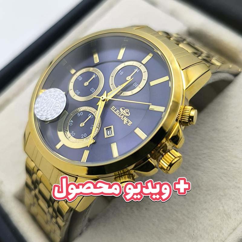 ساعت مردانه الگانس تاریخ دار – طرح سه موتور – طلایی صفحه آبی – 226801
