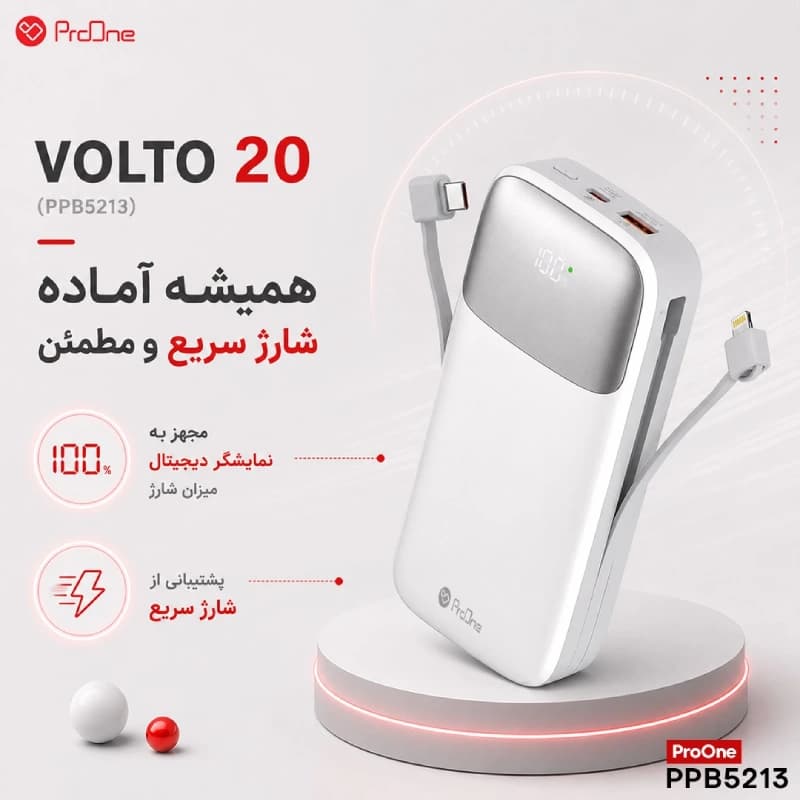 پاوربانک پرووان مدل VOLTO 20 (PPB5213) با ظرفیت ۲۰۰۰۰ میلیآمپرساعت — تصویر ۹
