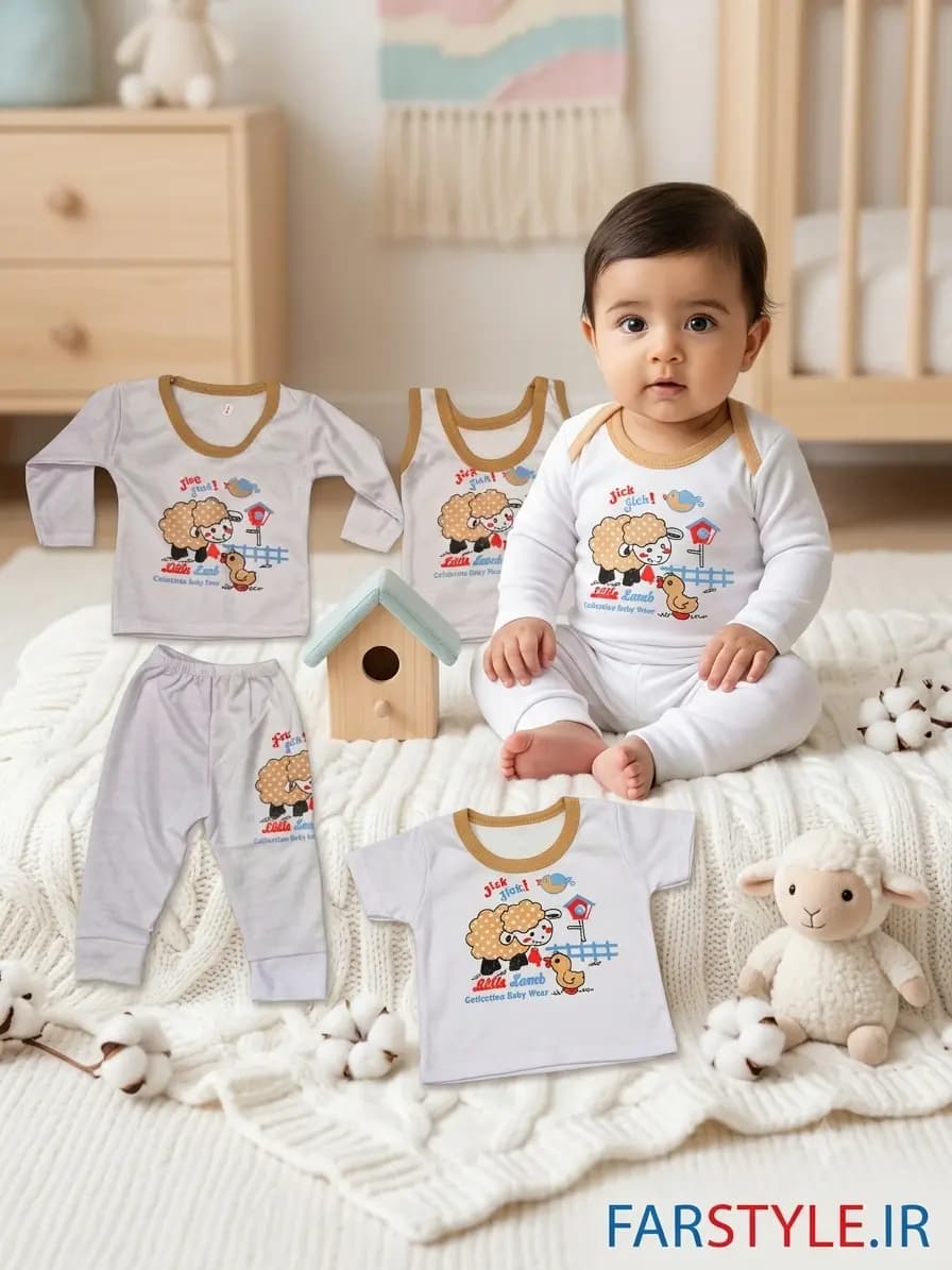 ست ۵ تکه نوزادی طرح بره کوچولو Little Lamb – سایز 0 تا 9 ماهگی