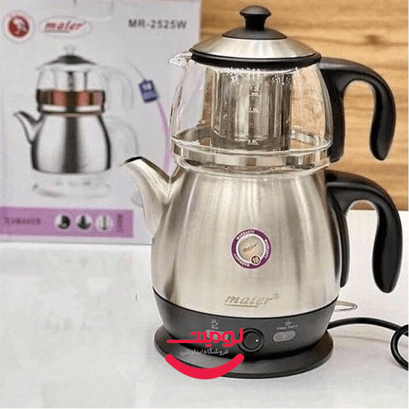 چایساز مایر 2200 وات مدل MR-2525 با کتری استیل 3 لیتری و قوری پیرکس 1 لیتری — تصویر ۲