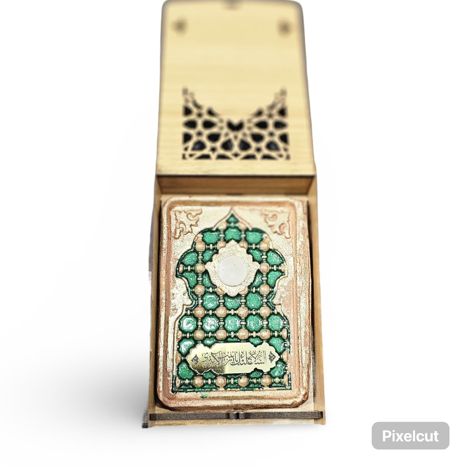 سنگ حرم حضرت زینب همراه با ضریح سفالی و جعبه چوبی نفیس — تصویر ۲
