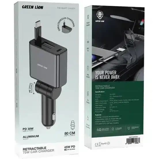 شارژر فندکی Green Lion Retractable 75W Car Charger PD 45W — تصویر ۳