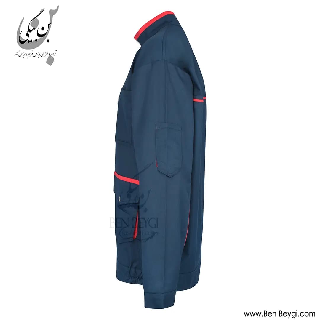 کاپشن شلوار کار پارچه کجراه مدل یقه دار قاپک دار دوجیب رنگ سرمه ای با نوار دوزی قرمز کد 41924 — تصویر ۴