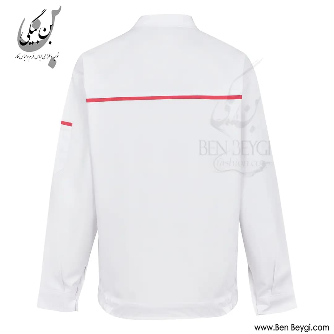 کاپشن شلوار کار پارچه کجراه مدل یقه دار قاپک دار چهارجیب درب دار رنگ سفید با مغزی دوزی قرمز کد 41732 — تصویر ۴
