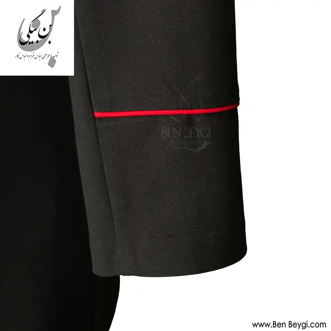 مانتو شلوار اداری مشکی خرج کار قرمز یقه انگلیسی پارچه بزیاق کد 35061 — تصویر ۴